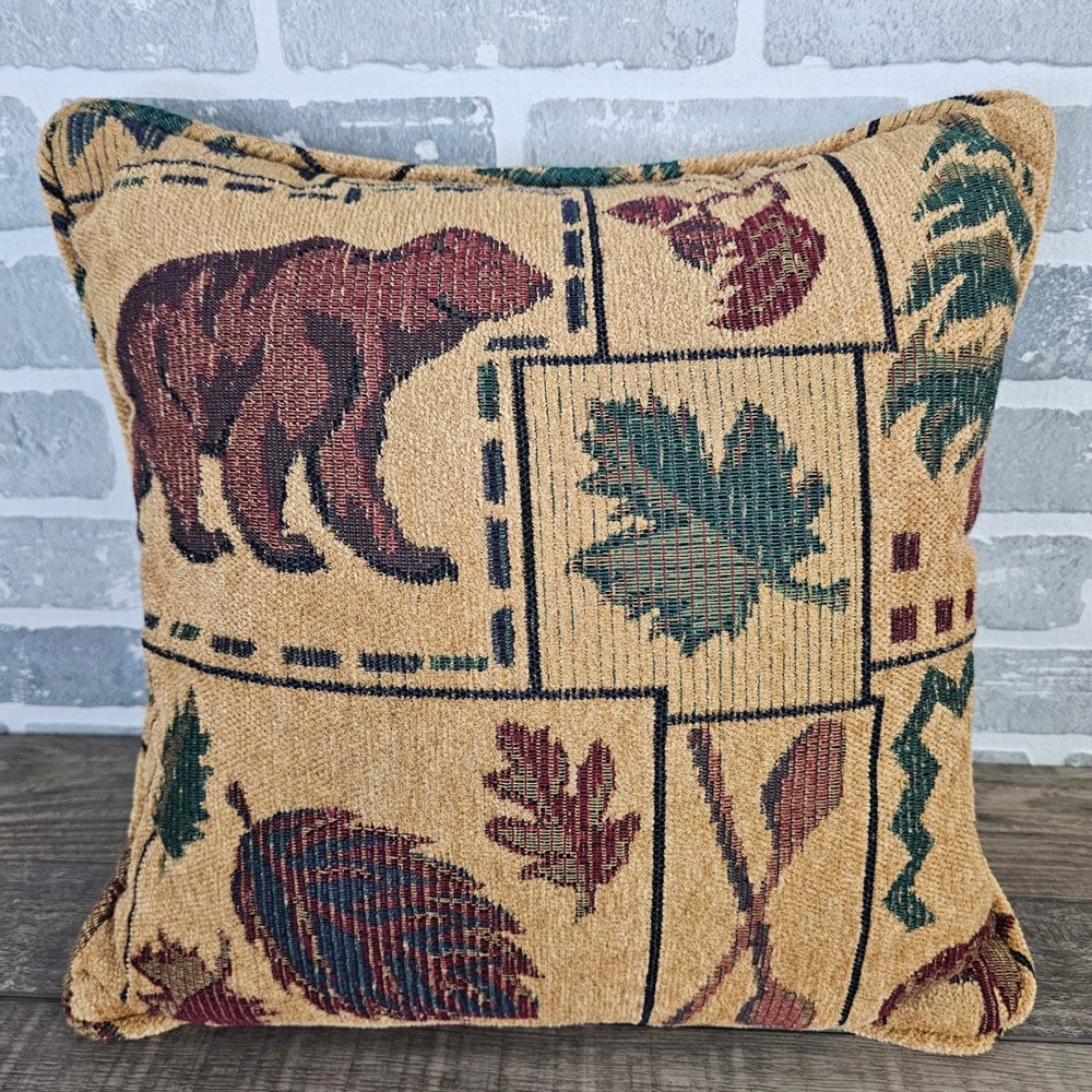 Newport Bear Pinecone Tapestry Throw Pillow Cabin Lodge Lake House Decor 16x16